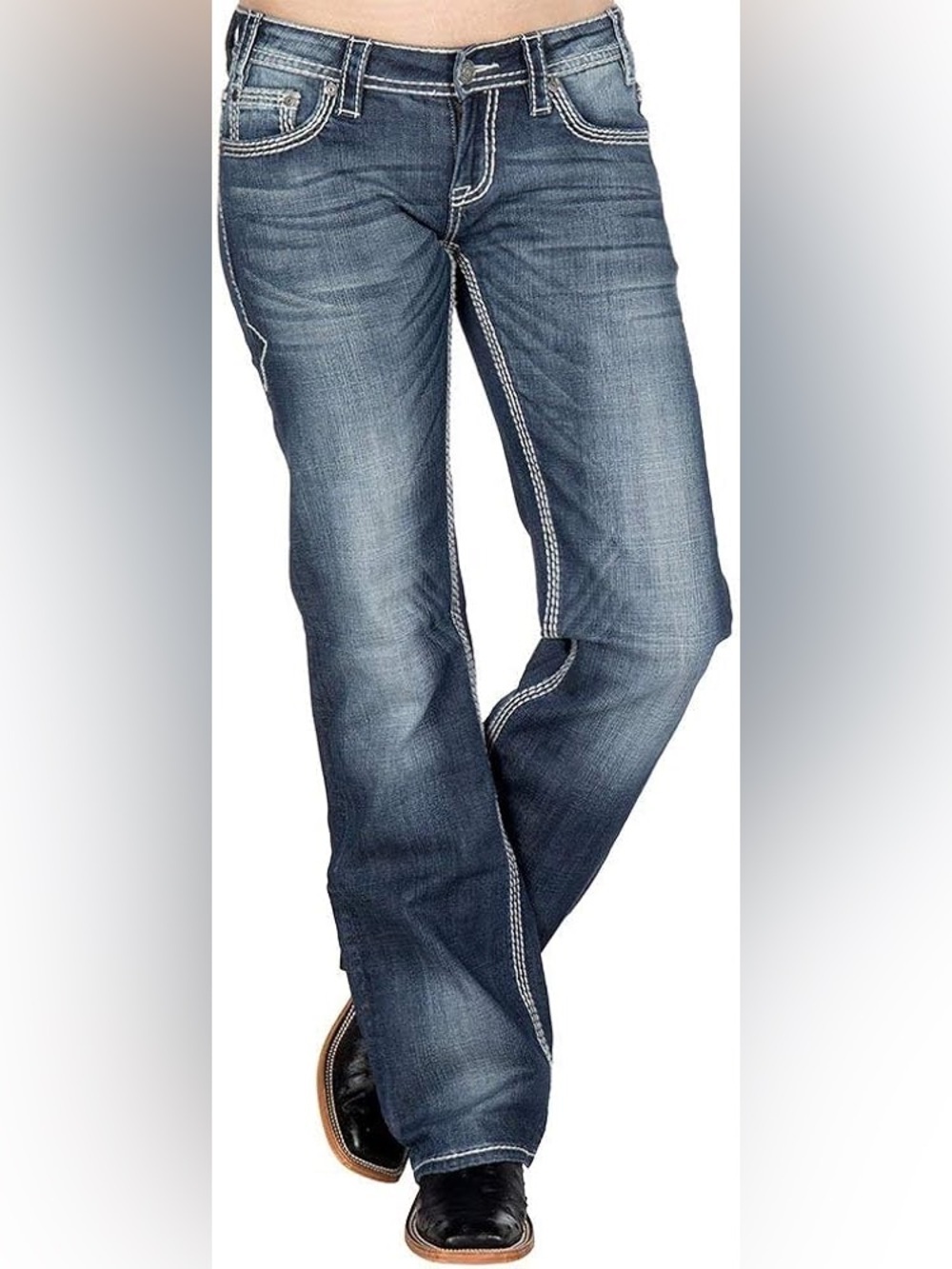Rock & Roll Cowgirl Low Rise Boot Cut Riding Jeans With Contrast Stitching